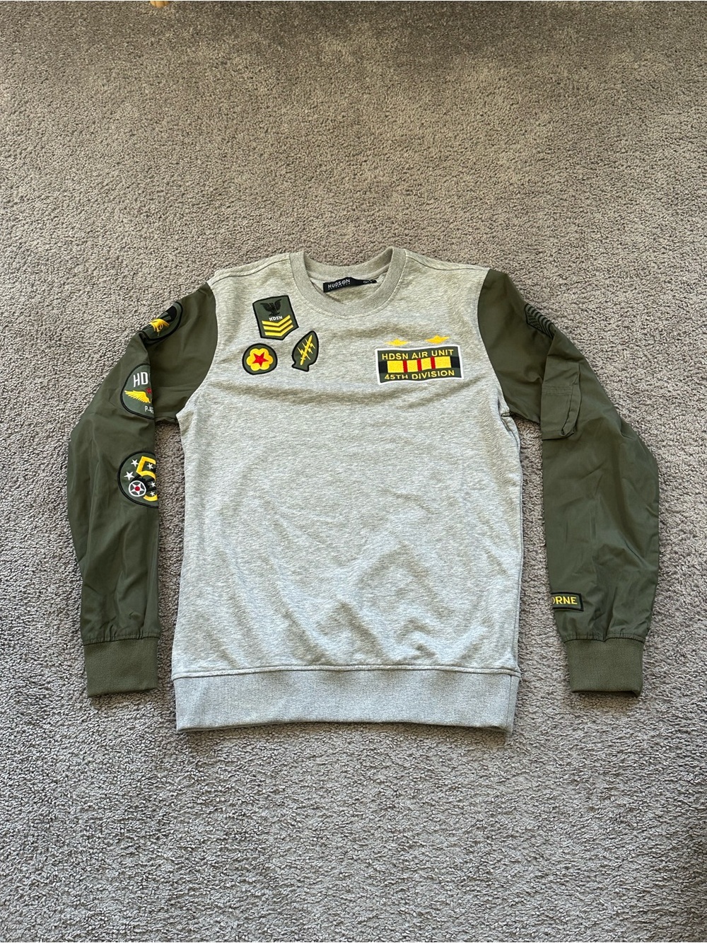 Hudson Men's Grey and Green Sweatshirt with Airforce patches Medium